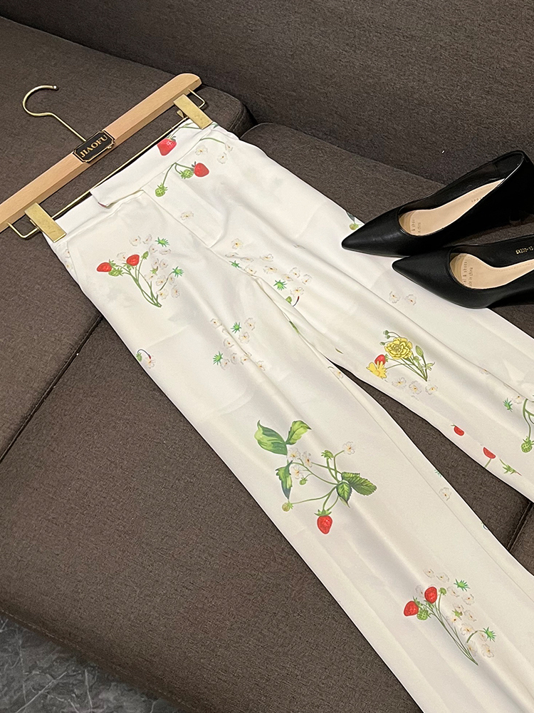 2024 Spring White Floral Print Two Piece Pants Set Long Sleeve Notched-Lapel Single-knapps dragkedja Blazers Top + Long Pants Set Two Piece Suits O4J152642