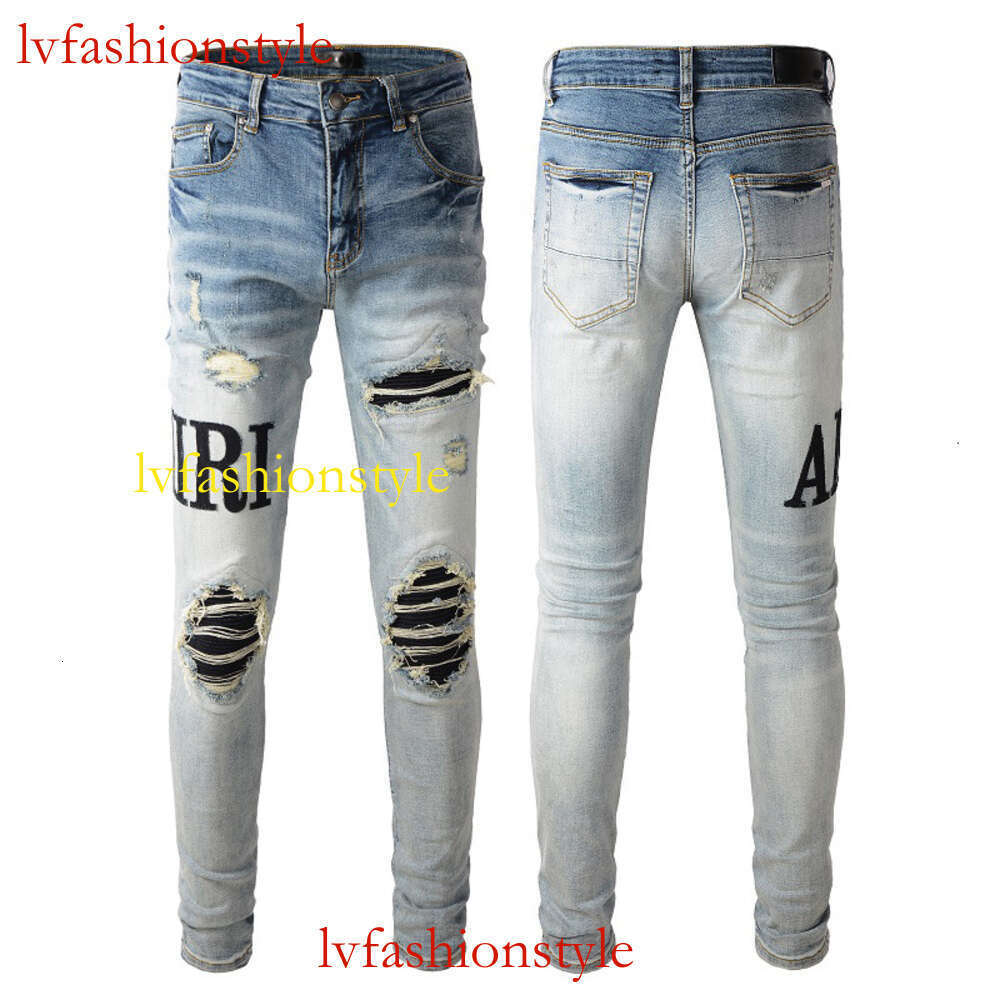 Designer jeans europeiska och amerikanska high street high street jeans, mäns nödställda lappar, smal passform och bantning leggings # 866