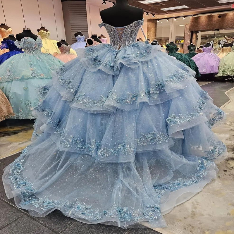 Mexico himmelblå av axelbollklänningen quinceanera klänning pärlstav applikationer födelsedagsfest klänningar rufsar söta 16 15 mantel de boll