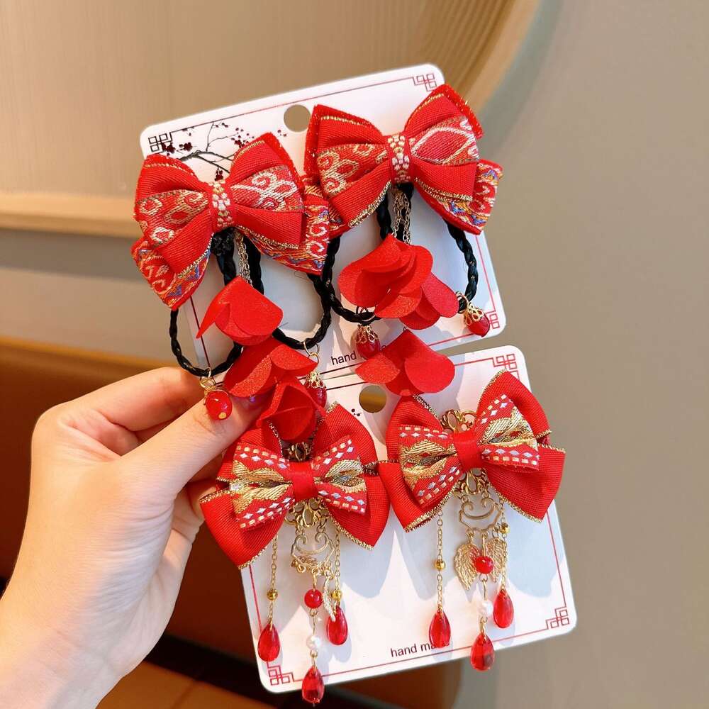 Roku Big Red Clip Girl's Bow Christmas Chińskie kostiumy noworoczne Sossel do włosów Tassel Para
