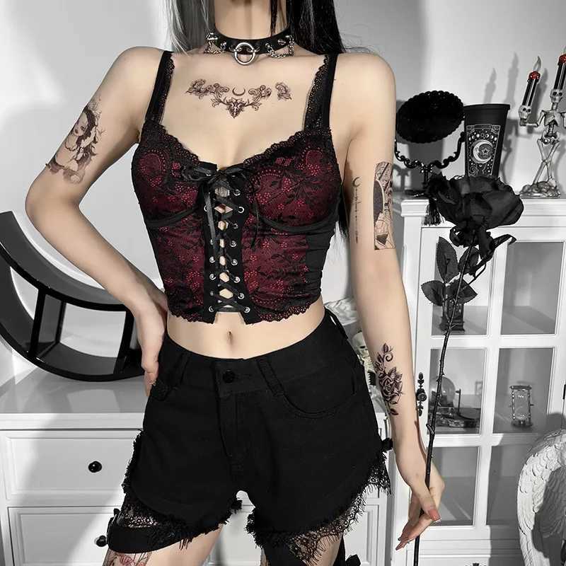 Damen Blusen Shirts Goth Sexy Spitze Korsett Crop Tops Camis Y2K Harajuku Ästhetisch Schwarz Rot Kreuz Basic Tank Top Sommer Frauen Grunge Emo Streetwear YQ240120