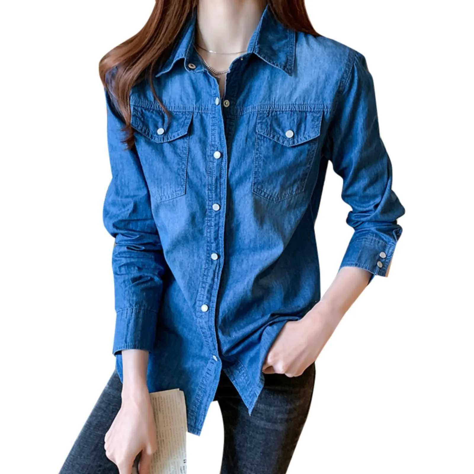 Kvinnors blusar Skjortor Casual Loose Denim Shirts For Women 2023 Autumn Vintage Women's Overdized Shirts and Bluses Korean Ladies Lapel Jean Top Blusas YQ240120