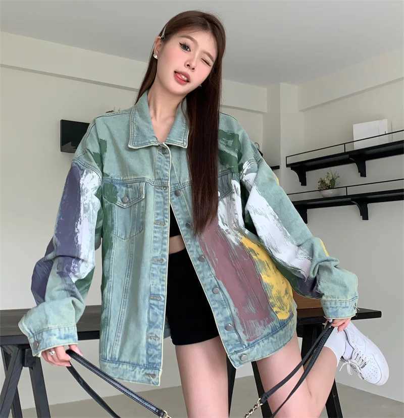 Chemisiers pour femmes Chemises mode coréenne veste en jean femmes rétro à manches longues ajustement ample Graffiti Collision couleur rue Style couche de finition YQ240120