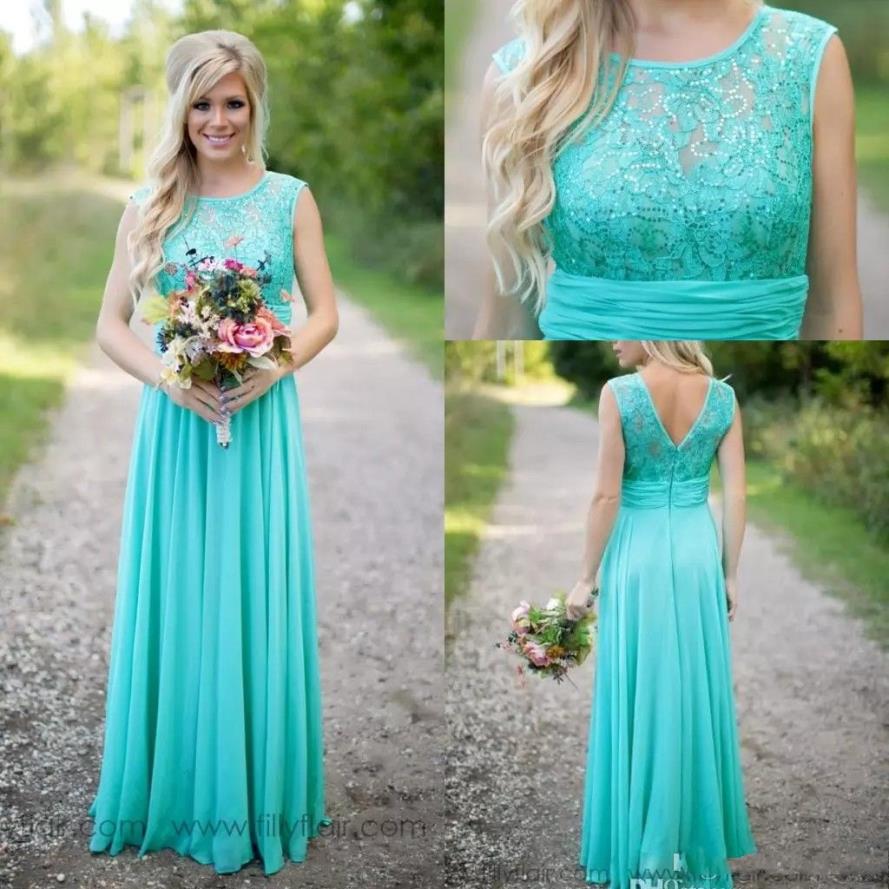 2019 Country Turquoise Turquoise Mint Robes de demoiselle d'honneur Illusion Necon Lace perlé en mousseline de soie