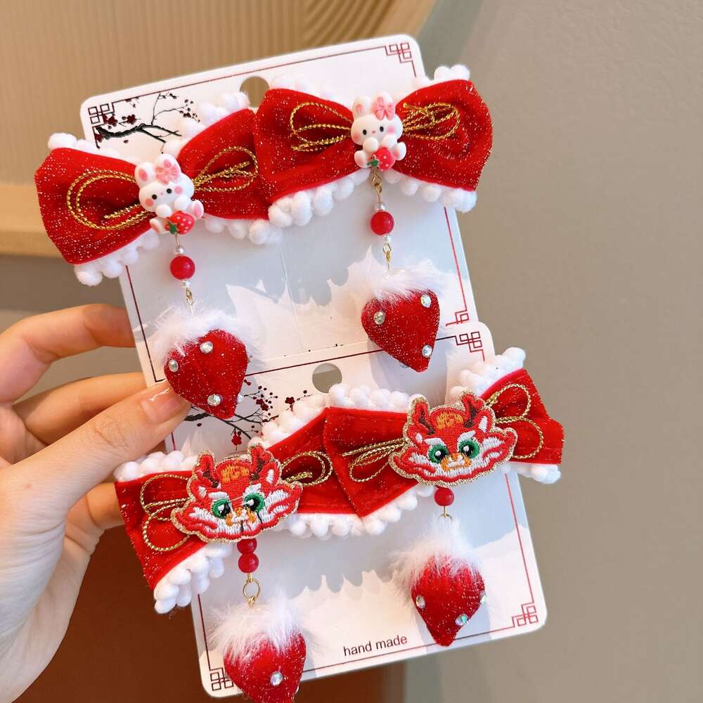 Little Happy New Year Greetings Plush Clip for Girls Bow Hair Accessories Ancient Style Baby Head wear