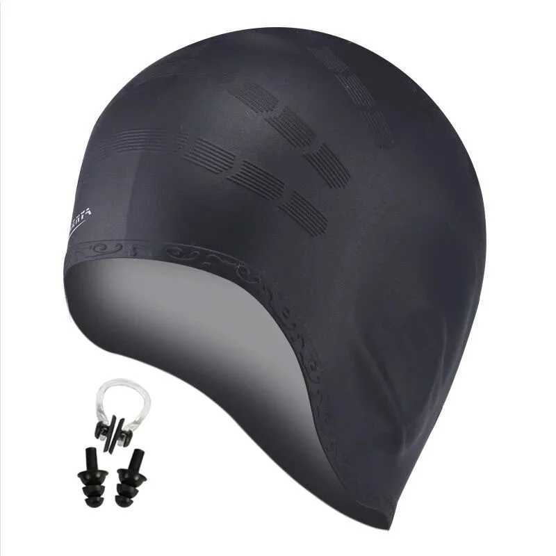 Bonnets de natation Cheveux longs bonnets de natation hommes femmes bouchon d'oreille pince-nez arge grand Silicone étanche filles plongée piscine chapeau professionnel YQ240119