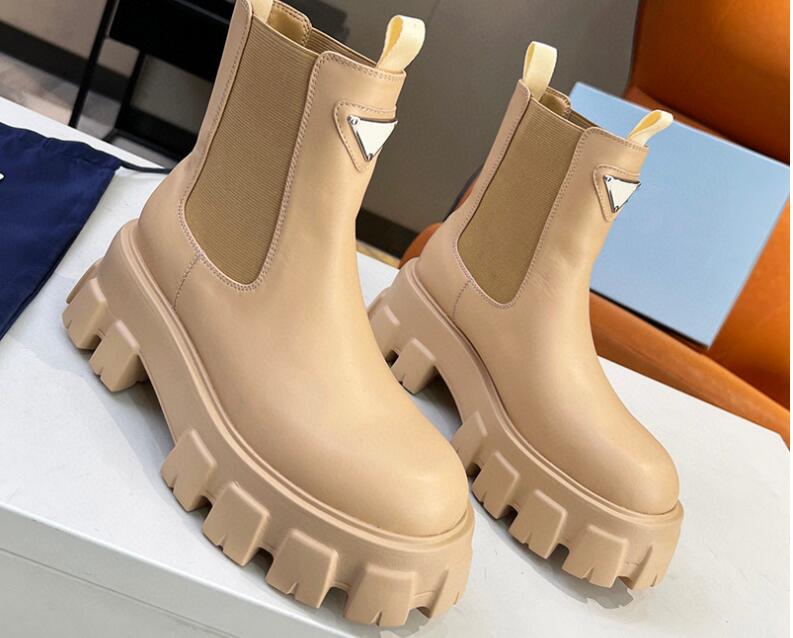 6003 Polerad läder Chelsea Ankle Boots Fullkorn Läder Elasticitet Plattform Slip-On Round Toe Kvinnors utomhusskor Lyxdesigner Flat Booties