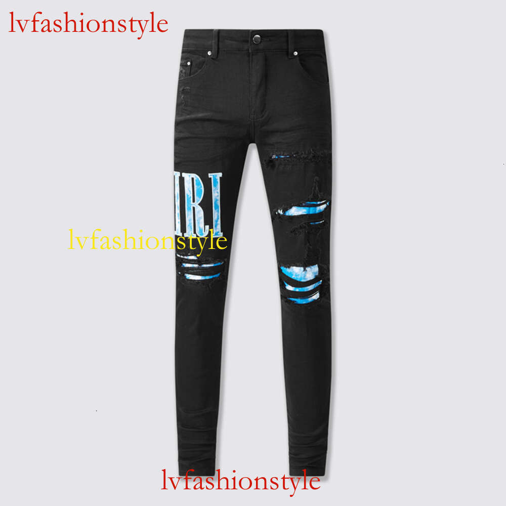 2023 Autumn/Winter New American High Street Black Perforated Blue Camo Cloth Patch Foreign Trade Border Border Jeans555