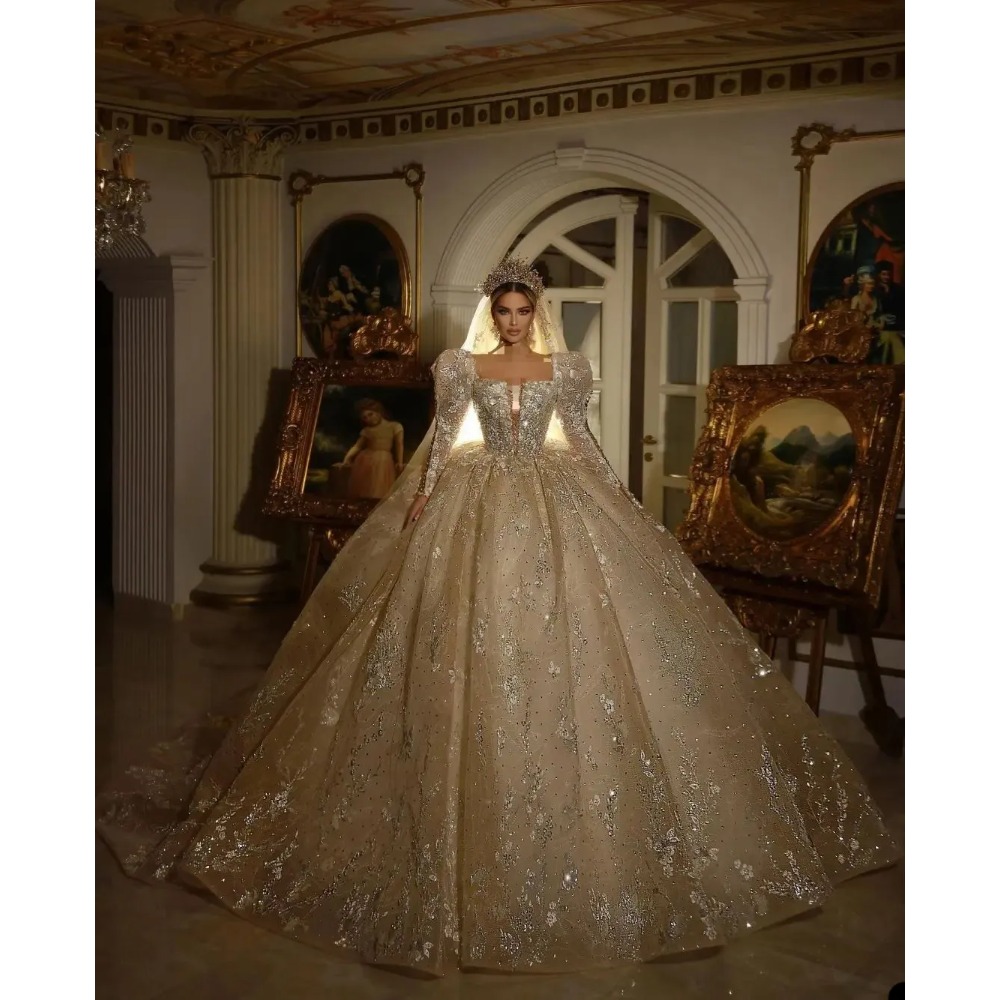 Superbe robe de mariée princesse à perles, épaules dénudées, manches longues, paillettes, robes de mariée de dubaï, perles personnalisées, robes de mariée en dentelle, 2024