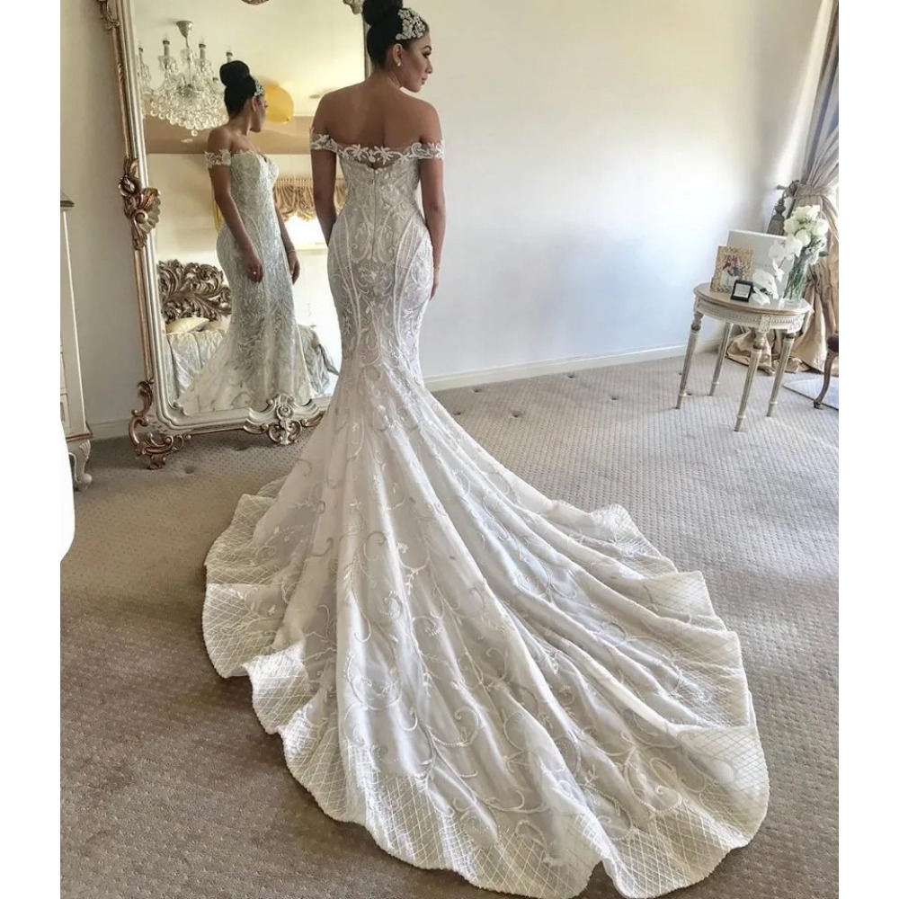 Superbe robe de mariée sirène avec traîne détachable, épaules dénudées, en dentelle, dos nu, robe de mariée de Dubaï, grande taille, 2024