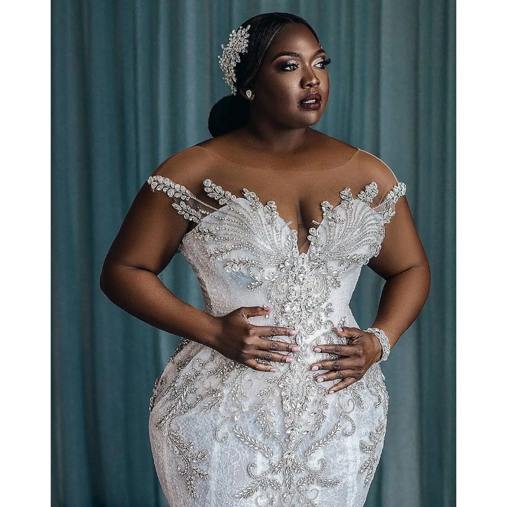 Stunningbride 2024 White Plus Size Wedding Dress African Crystal Mermaid Bride Dresses with Long Train Sheer Neck Custom Made Bridal Gowns