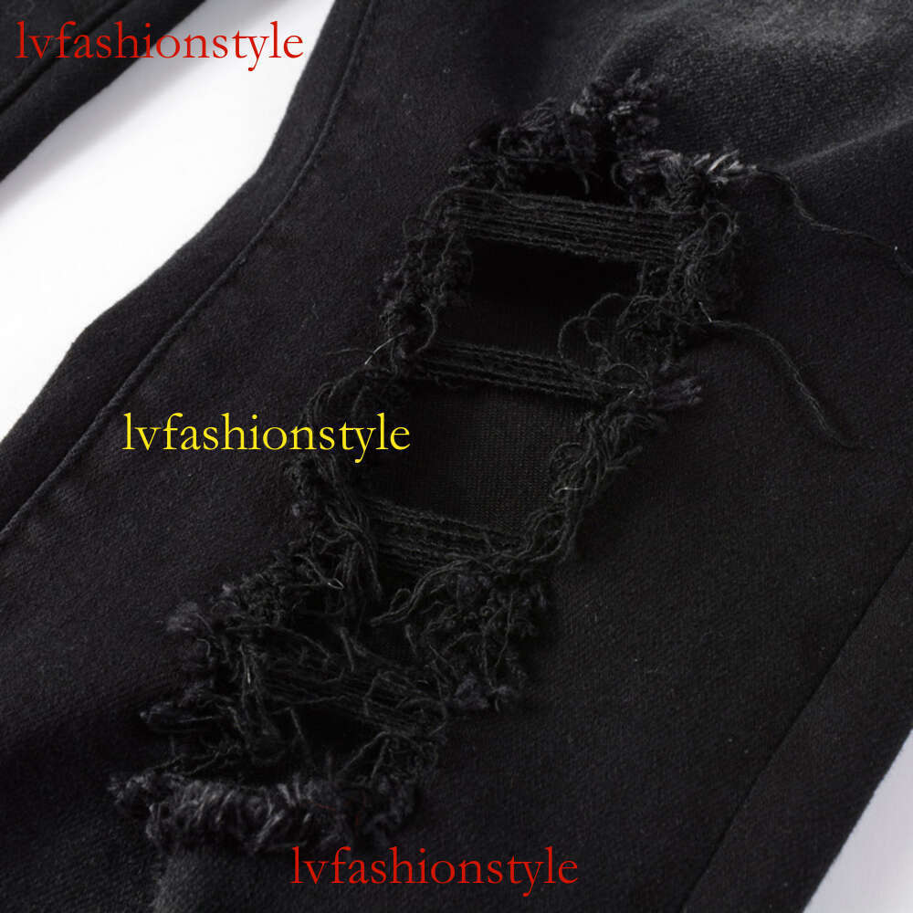 Buitenlandse handel mode high street nieuw trendy merk Black Angel-logo bedrukt met gaten, elastische slim fit jeans voor heren JEANS555