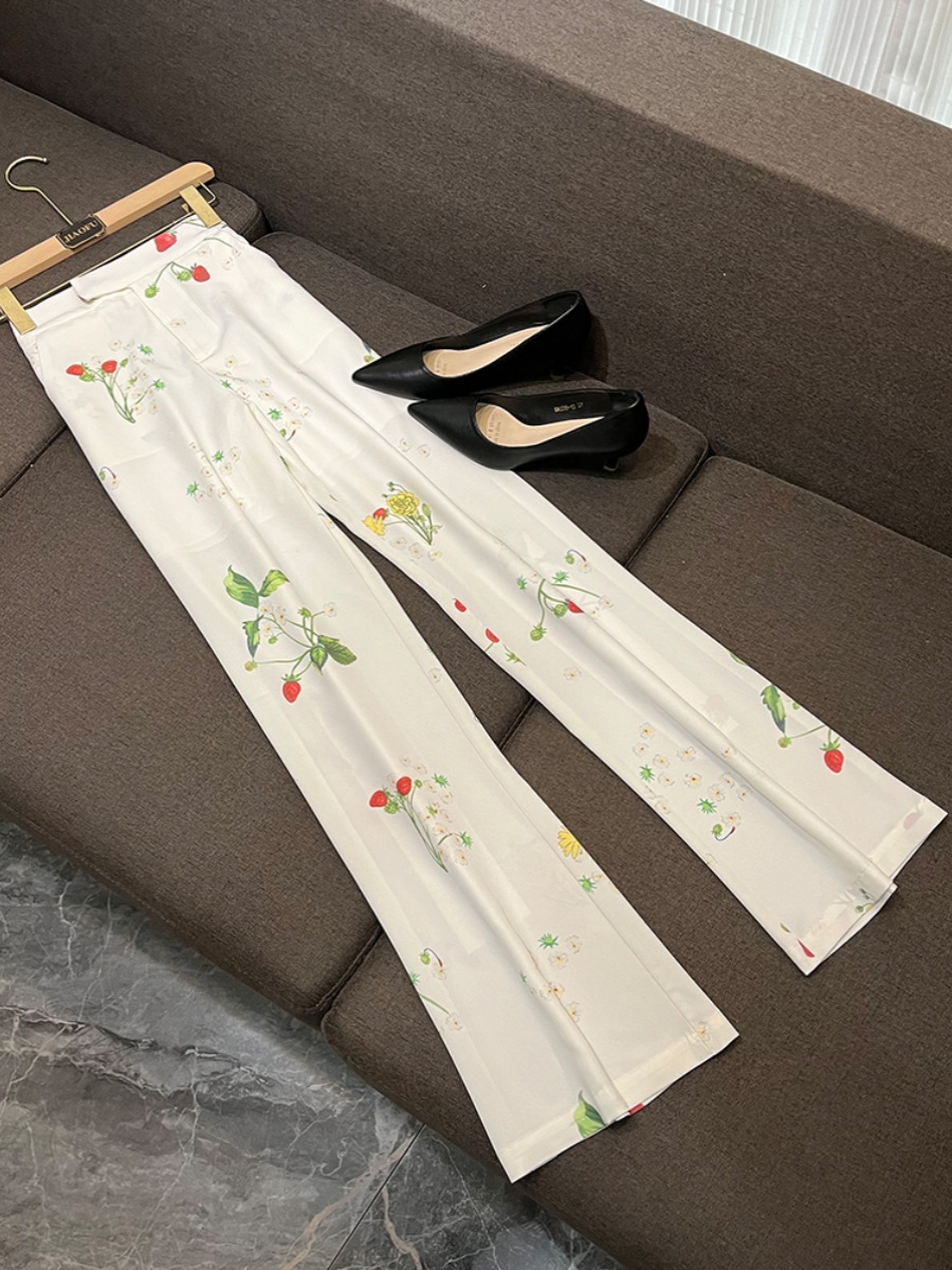 2024 Spring White Floral Print Two Piece Pants Sets Long Sleeve Notched-Lapel Single-Button Zipper Blazers Top + Long Pants Set Two Piece Suits O4J152642