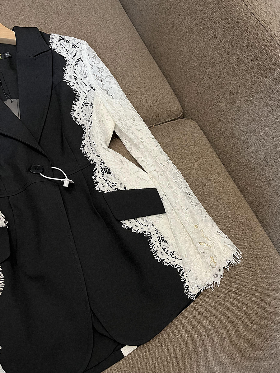 2024 Spring Black Contrast Color Panelled Lace Blazers Long Sleeve Notched-Lapel Single-Button Outwear Coats O4J152646 Plus Size XXL