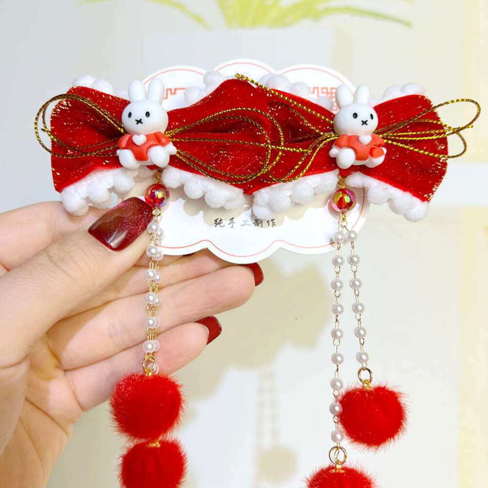 Праздничные ярко-красные детские аксессуары в старинном стиле с бантами и меховыми шариками, новогодняя одежда в китайском стиле, заколки для волос