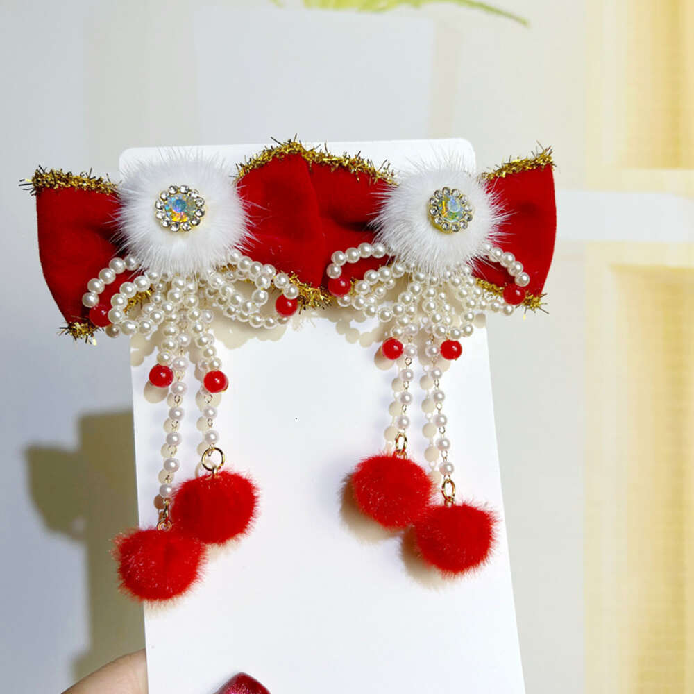 Festive Bright Red Children's Ancient Style Accessories with Bows and Fur Balls Chinese Court New Year's Clothing Hair Clips