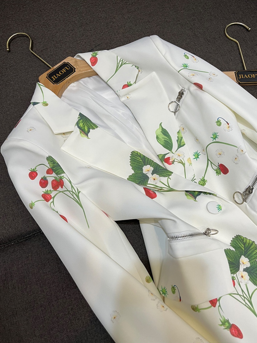 2024 Spring White Floral Print Two Piece Pants Sets Long Sleeve Notched-Lapel Single-Button Zipper Blazers Top + Long Pants Set Two Piece Suits O4J152642