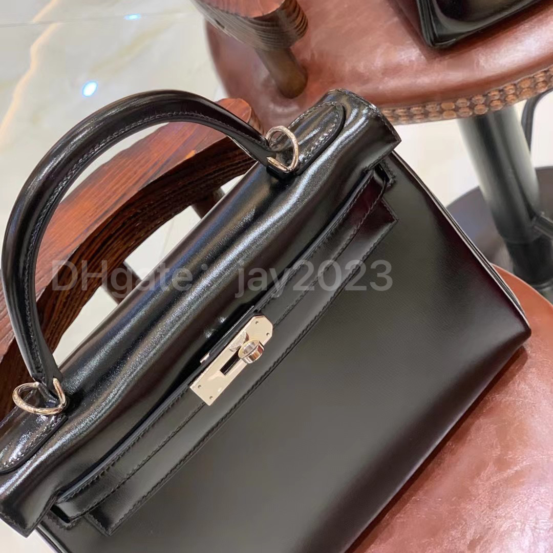 10s Designer Bag Box Leather äkta importerad Hude Tote Bag Wax Thread 25cm All Black Fullt Handgjorda bästsäljare Luxury Purse Wax Line Stitching High-End Customizat