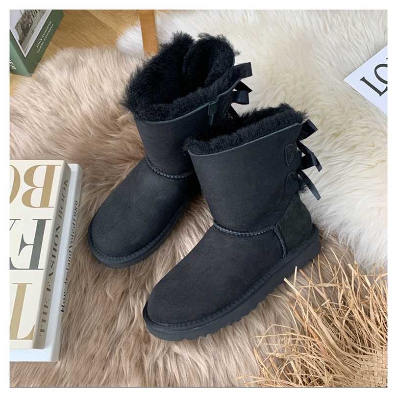 Brand new classic mid length double ribbon women's boots Leather and fur integrated snow boots Business casual shoes Single shoe high heels slippers sandals sneakers