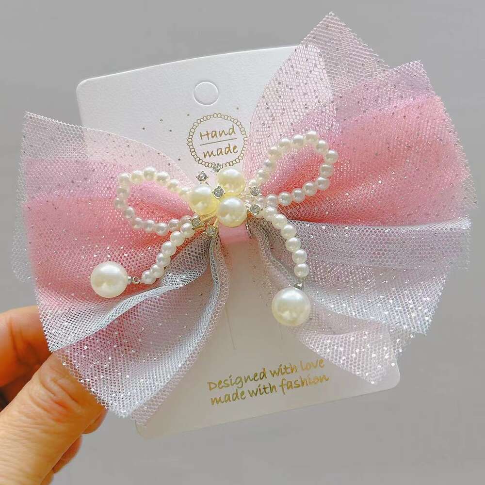 Texture Mesh Bow Children's Accessories Korean version flicka tungt arbete Pearl Knot Bangs Hair Edge Clip