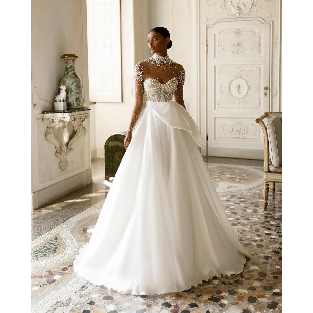 Stunningbride 2024 branco moda elegante pérolas a linha vestidos de casamento gola alta manga longa cetim vestido de noiva laço cinto tribunal trem vestido de noiva