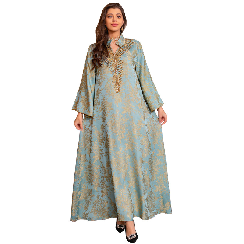 Muslimisches Abendkleid Jacquard Stickerei Kleid Beading Mode Kaftan Arabian Dubai Abaya Vestidos Musulmanes Bayan Modest Kleid für Frauen