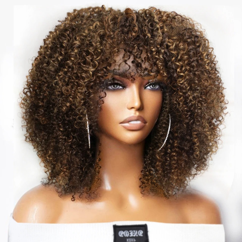 Short baby hair Curly Wig with Bangs Brazilian Brown Highlight Glueless Full Machine Wig 250 Density Jerry Curl for Black Women