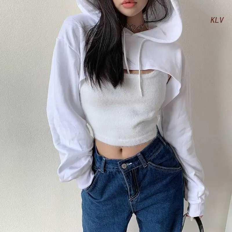 Women's Blouses Shirts Womens Long Sleeve Cropped Hoodies Sweatshirt Aesthetic Punk Hip-Hop Dance Plain Sexy Rave Cutout Loose Super Crop Top YQ240120