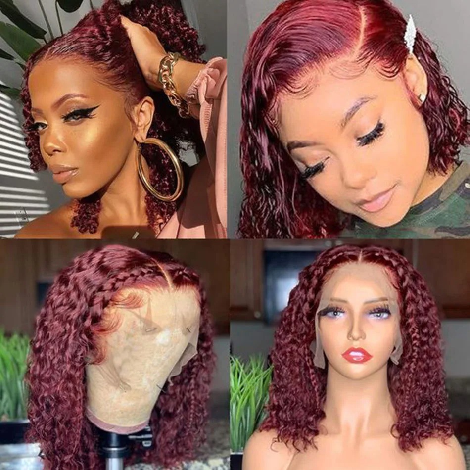 99J Burgundy Short Curly Bob Wig 13x4 Lace Frontal Rigs for Women Human Hair with Baby Hair Transplent Lace Water Bob Red Red