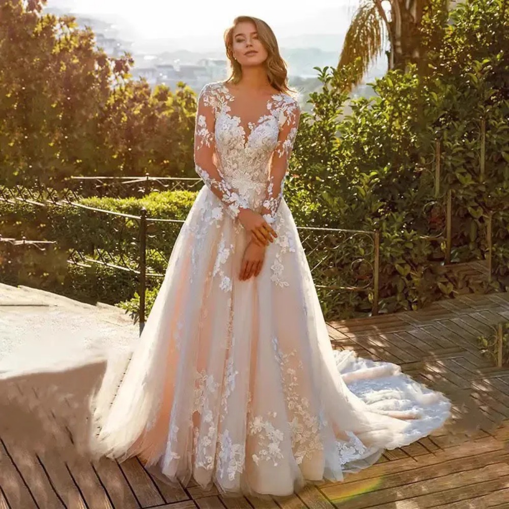 Stunningbride 2024 Lace Long Sleeves Wedding Dress Sexy White Lace Long Train Dress Deep V neck Long Mesh Lace Sleeve Elegant A-Line Pleated Garden Bridal Gown