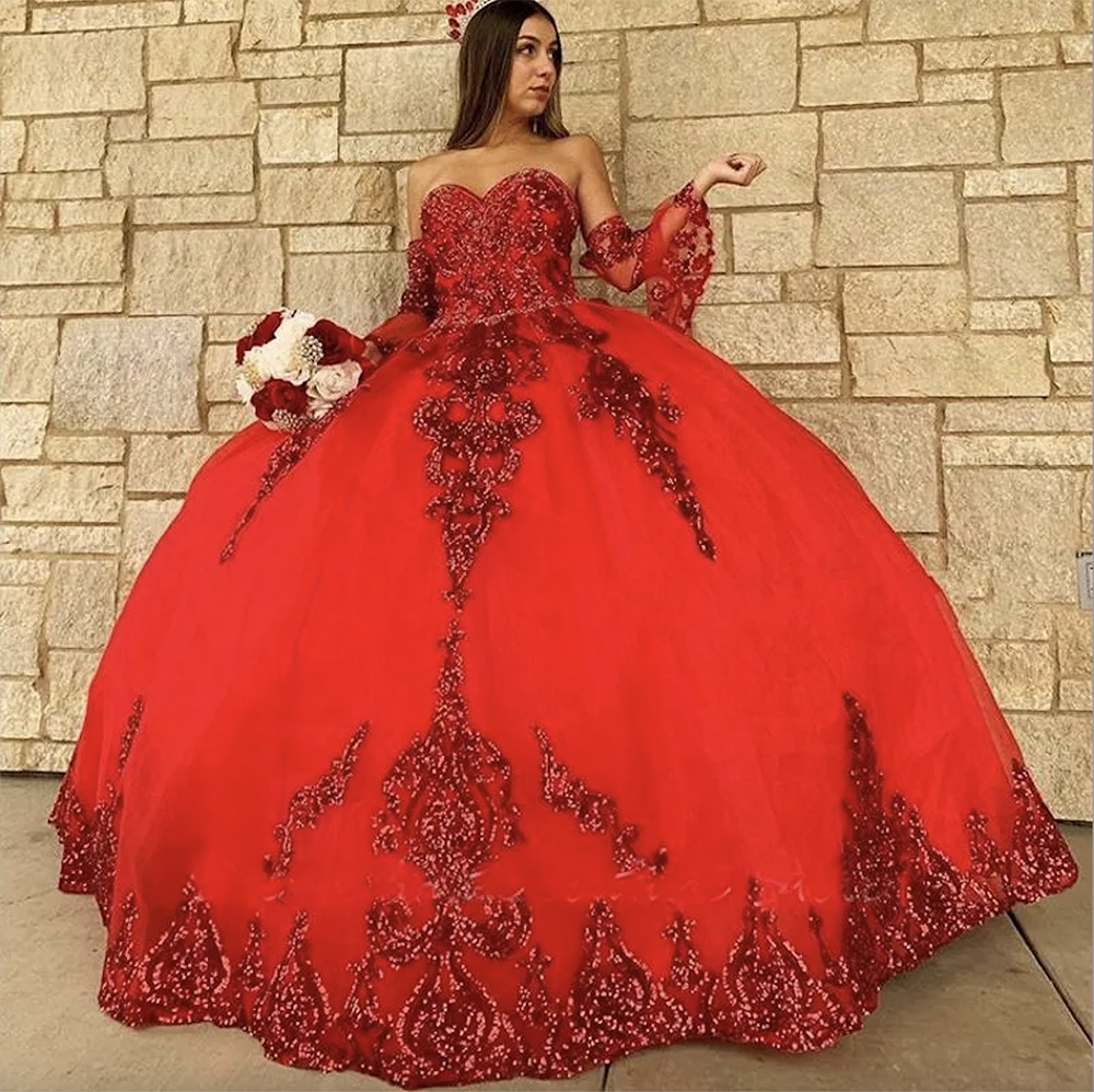 2024 Quinceanera -jurken Sexy Red Rose Gold Ball Jurk lovertjes Lace Crystal kralen Pailletten Liefje met mouwen Ruches Corset Back Party Prom avondjurken