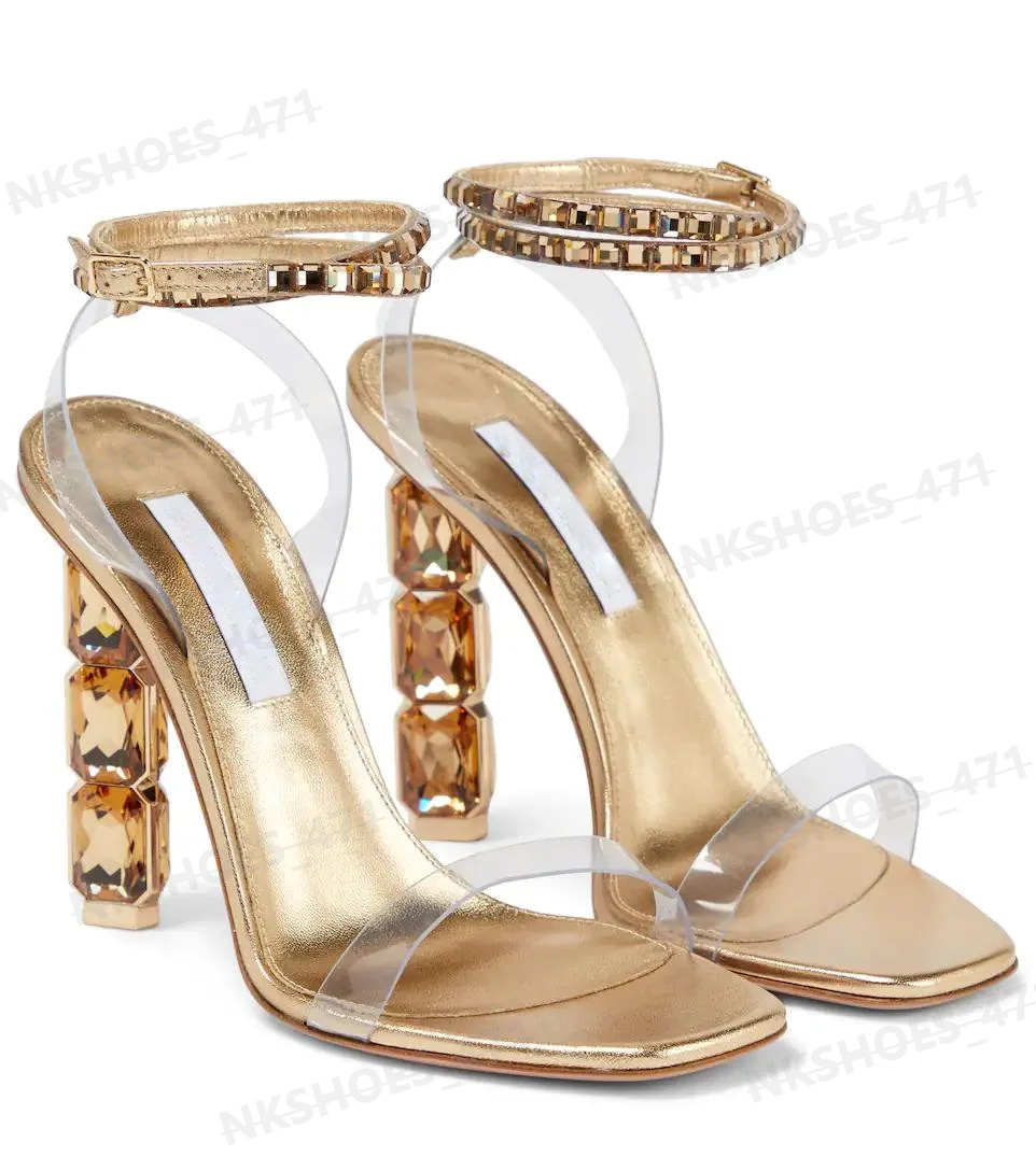 Designer Sandaler High Heels Dupe Swarovski Crystal High Heels Pink Celeste Sexig Clear Patent Läder Sandaler för kvinnor