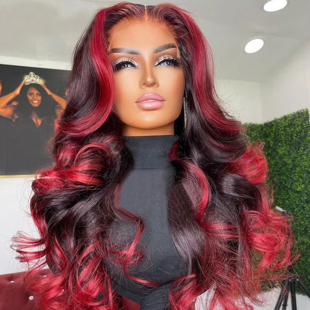 Highlight Green Body Wave Lace Front Echthaarperücken HD Tranaparent 13x6 Lace Frontal Perücke 100 % Remy Red Highlight Echthaarperücke