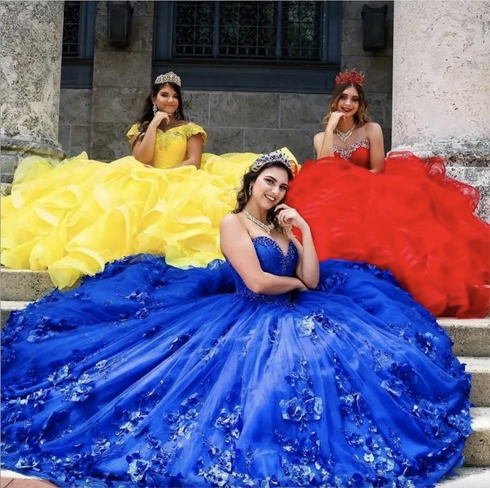 2024 Sexy Princesa Azul Royal Quinceanera Vestido de Baile Vestidos 3D Floral Flores Querida Lace Apliques Beads 16 Long Puffy Tulle Plus Size Party Prom Vestidos de Noite