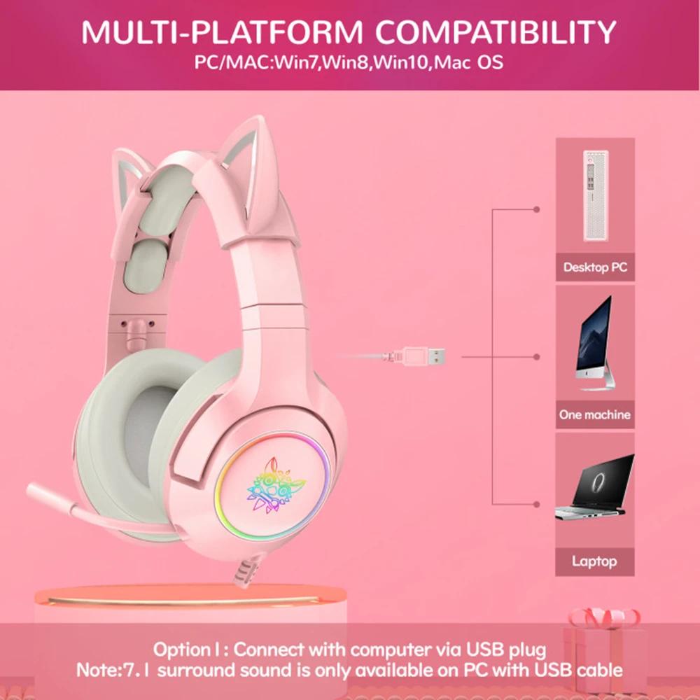 ONIKUMA K9 rose casque de jeu pour fille enfant PC casque de jeu stéréo avec micro lumière LED pour ordinateur portable/PS4/Xbox One contrôleur