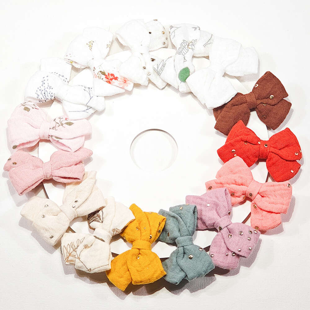 Pure Cotton Gauze Hair Children's Solid Color Printed Edge Full Package Clip Handmade Bow Head wear