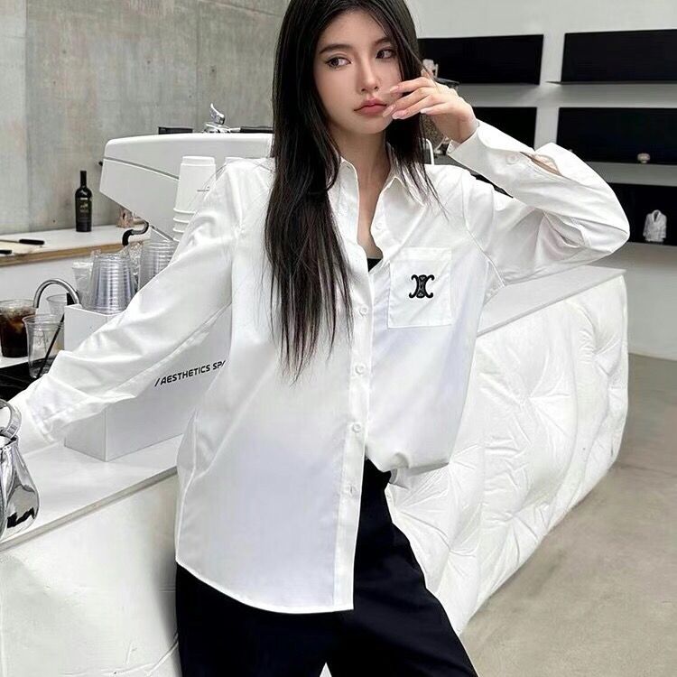 Women's spring new turn down collar satin fabric loose British style casual embroidery blouse shirts SMLXLXXL