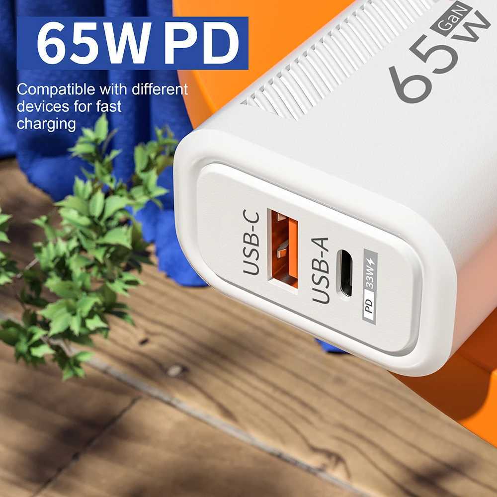 Ładowarki telefonu komórkowego Gan 65W Ładowarka 2 Porty Szybka ładowarka USB za 14 15 Pro 13 16 Huawei Mate 60 Samsung PD Type C ładowarka