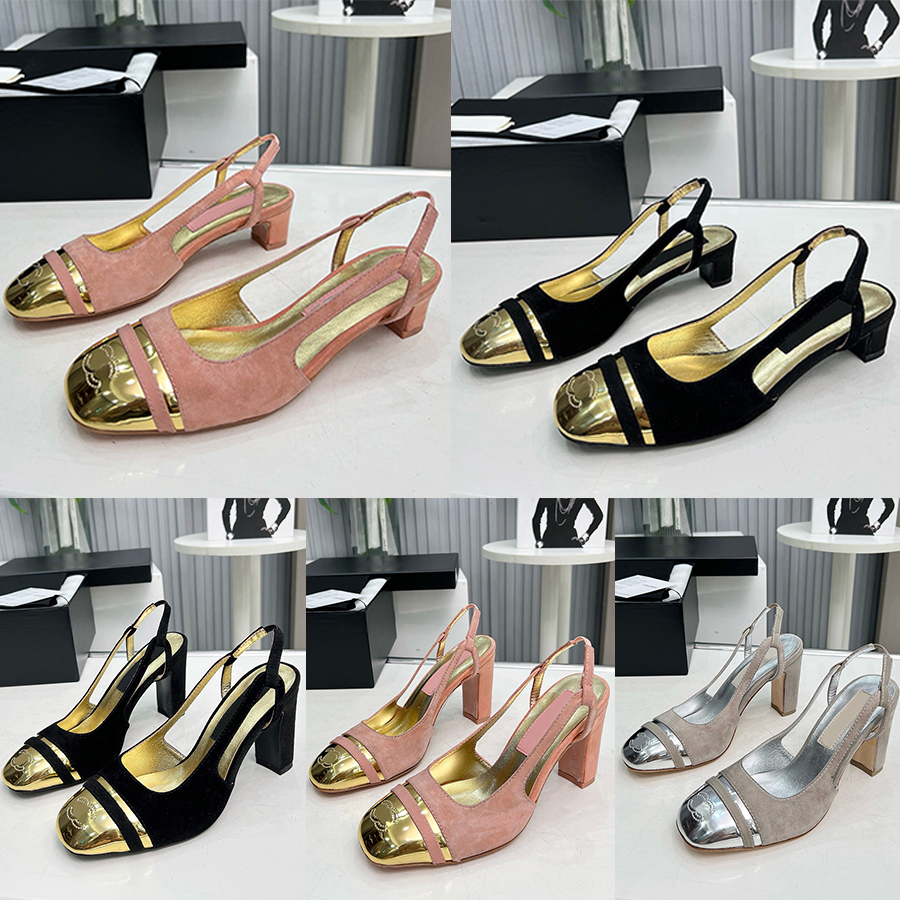 Lüks Slingback Topuklar Elbise Ayakkabı Kanalları Kadınlar Sandalet Paris Marka Tasarımcı Pompalar Tıknaz Topuklar 3.5cm 7.5cm Gerçek Deri Soafers Parti Düğün Ayakkabıları