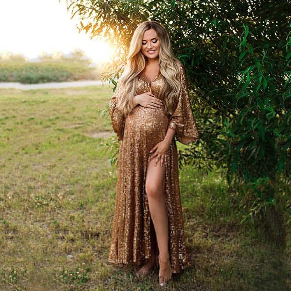 Maternity Dresses Evening Dress For Maternity Photography Props Dresses Boho Sequin Sexy Transparent Side Slit Gown Pregnancy Women Photo Shooting 24412