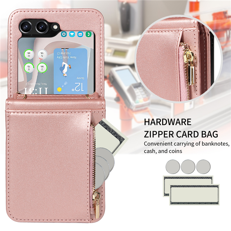 Luxus-Crossbody-Reißverschluss-Flip-Handyhülle für Samsung Galaxy Folding Z Flip5 5G, RFID-blockierendes Armband, mehrere Kartenfächer, Leder-Geldbörse, Kette, Ständer, Falthülle