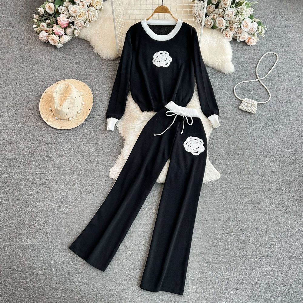 Women's spring new o-neck knitted black flower embroidery sweater jumper and color block long pants twinset suit SMLXL