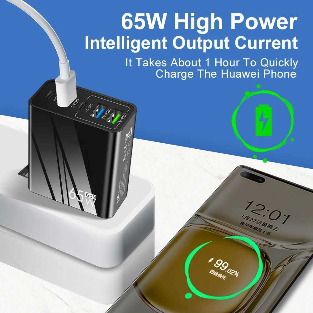 Cell Phone Chargers PD 65W USB GaN Charger Quick Charge 3.0 Type C Wall Charger Fast Charge Phone Charger Adapter For 15 14 13 Samsung