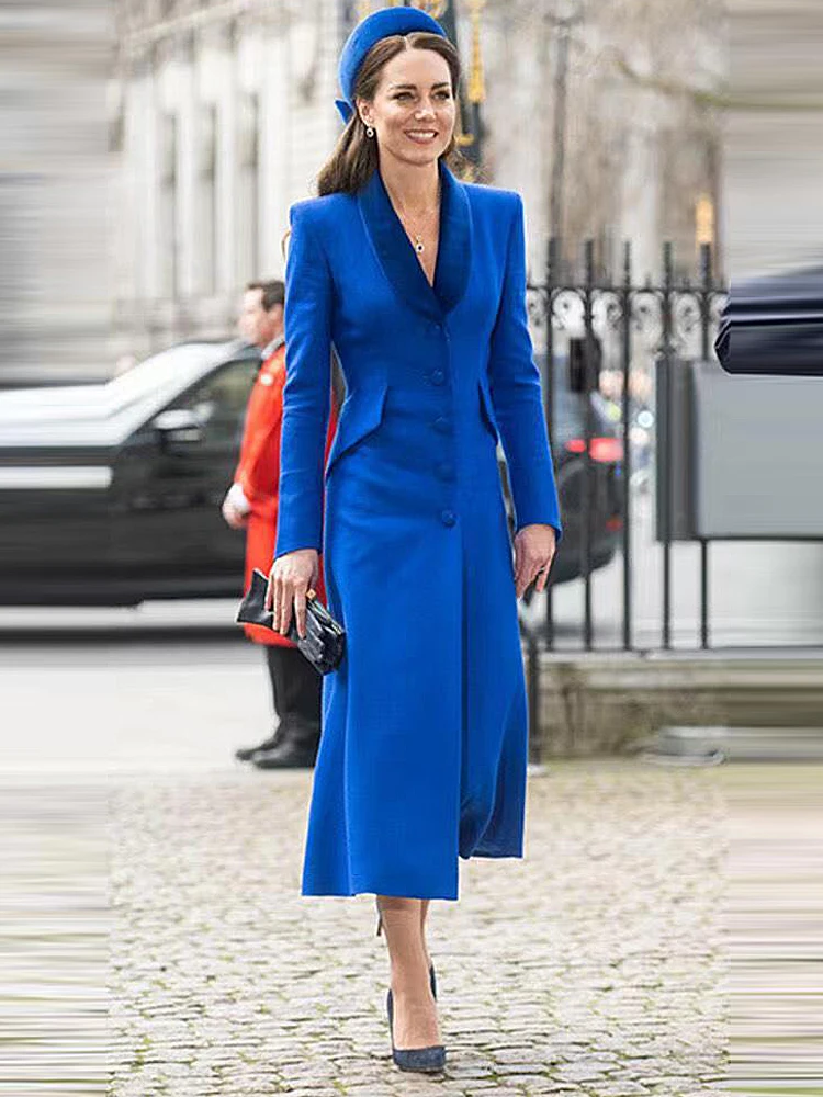 Kate Middleton Princess New Ladies Autumn Wysokiej jakości moda Niebieska Gentlewoman Elegancka celebrytka sukienka Windbreaker
