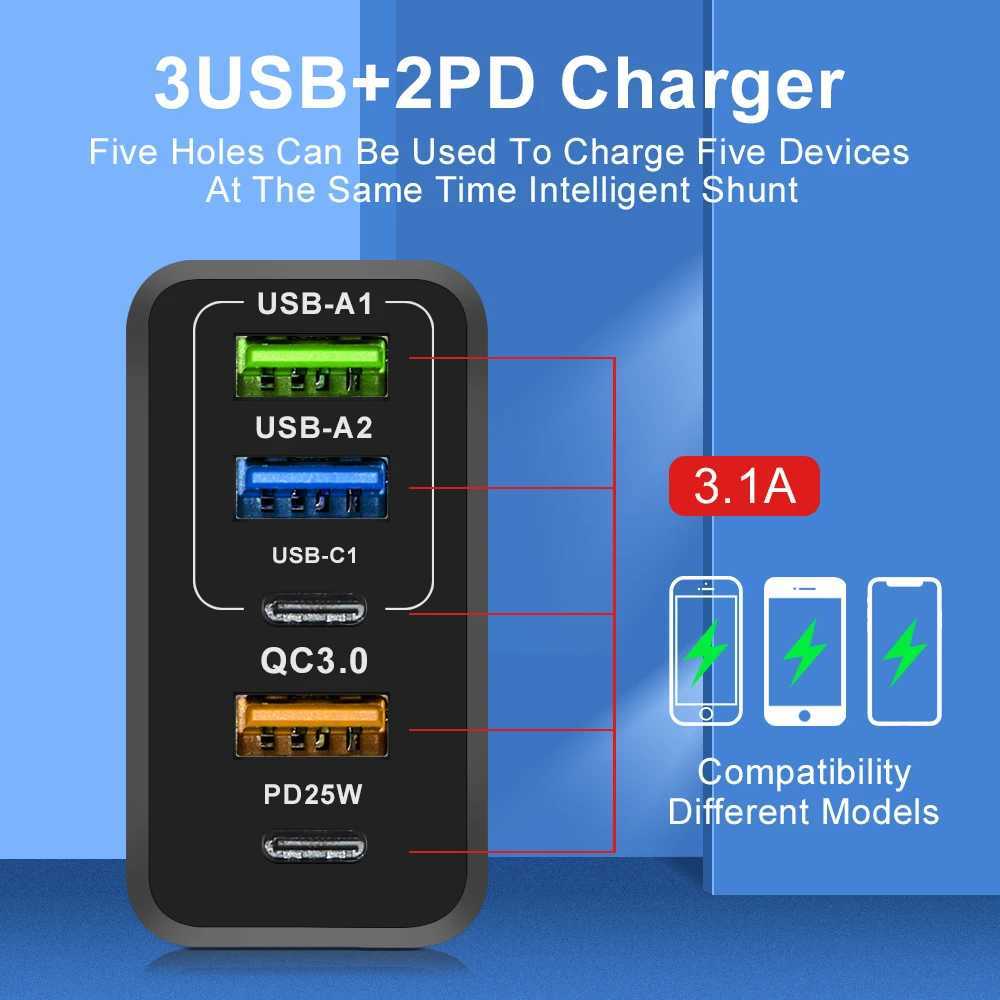 Mobiltelefonladdare 5 portar USB Fast Charger 65W PD Typ C Wall Charger Adapter för 15 14 Pro Max Samsung EU/US Plug Gan Phone Charger