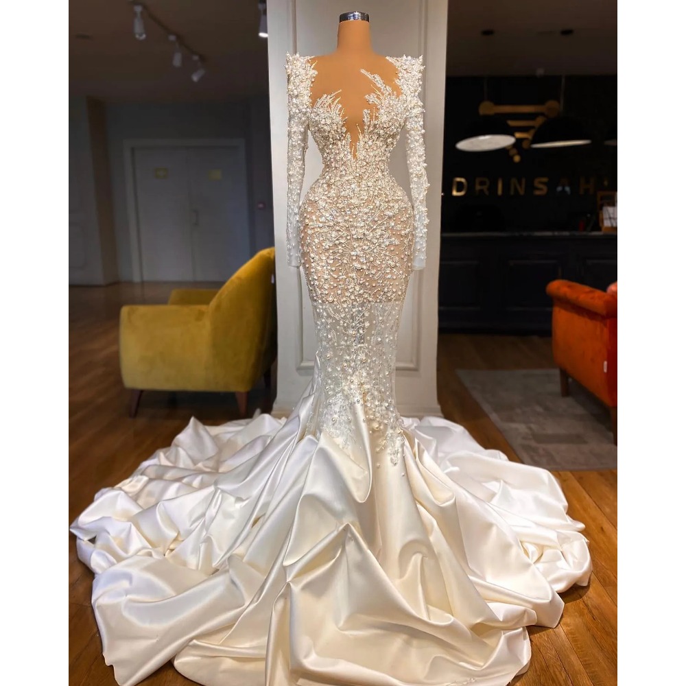 Stunningbride 2024 Luxury Pearls Mermaid Wedding Dress Sheer Neck 3D Lace Appliques Beading Wedding Gowns Custom Made Sexy Illusion Bridal Dresses