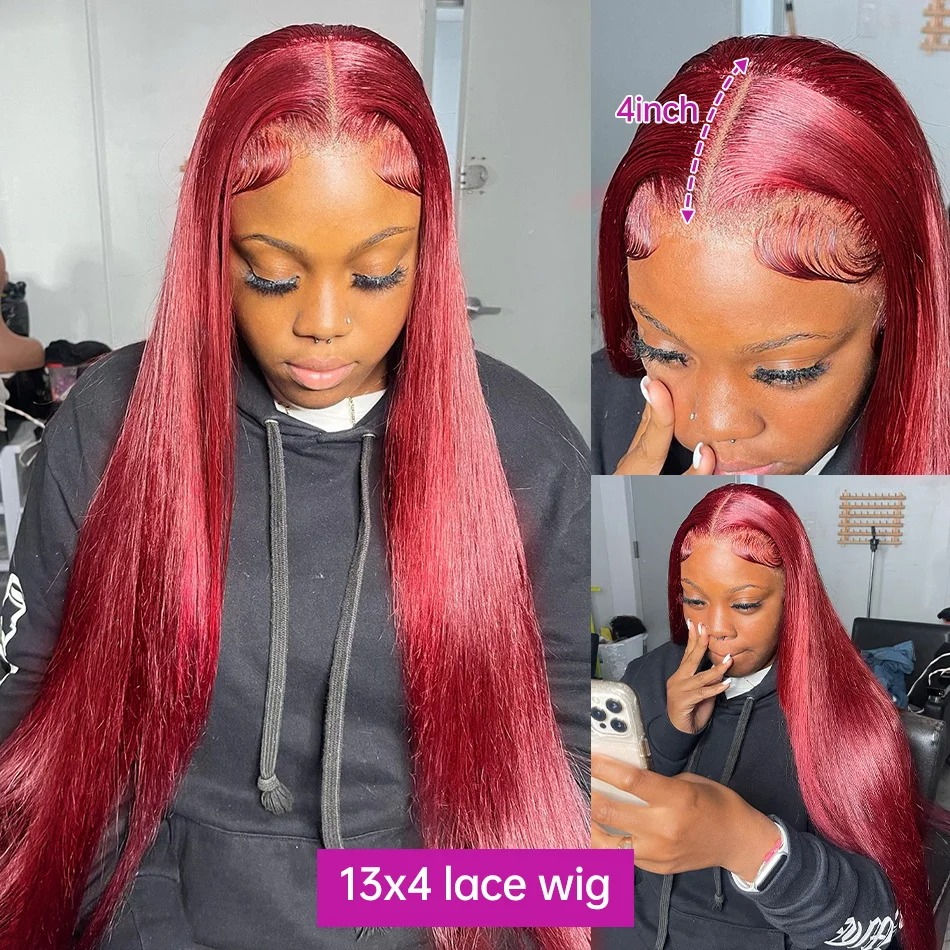 99j Burgundy Lace Front Human Hair Wig 30 Inch Bone Straight Lace Frontal Wigs 13x6 Hd Transparent Lace Brazilan Wig for Woman