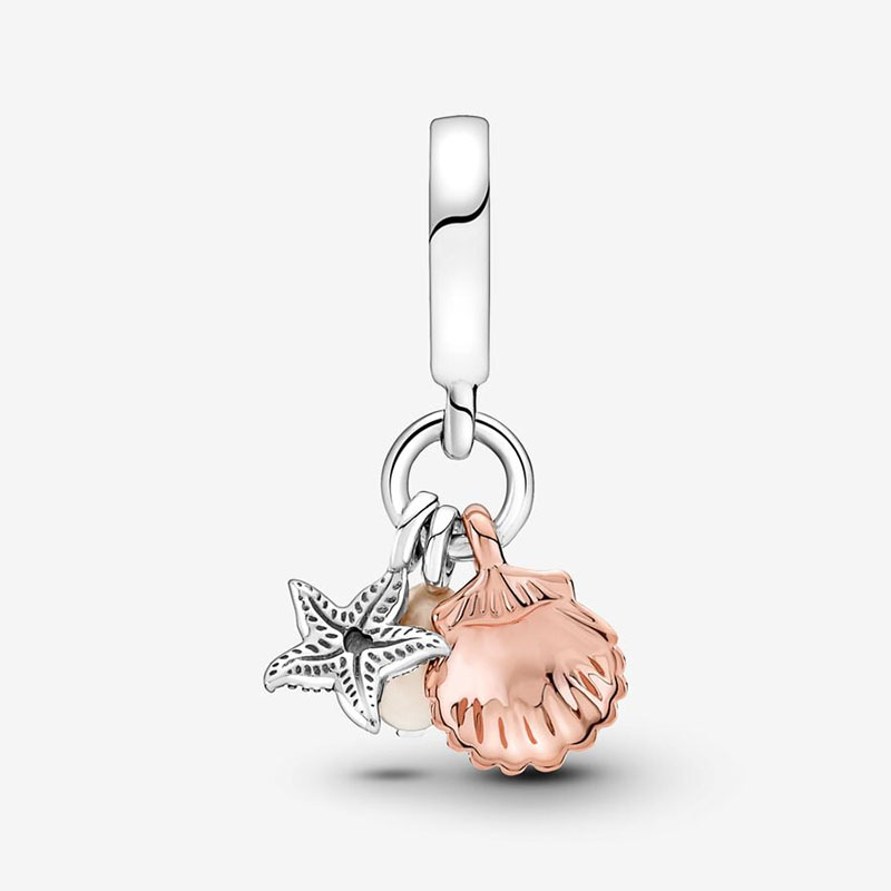 Starfish Shell Triple Dangle Charm para Pandora Real 925 Sterling Silver Charms Pulseira Colar Fazendo Acessórios com Caixa Original Conjunto de Alta Qualidade