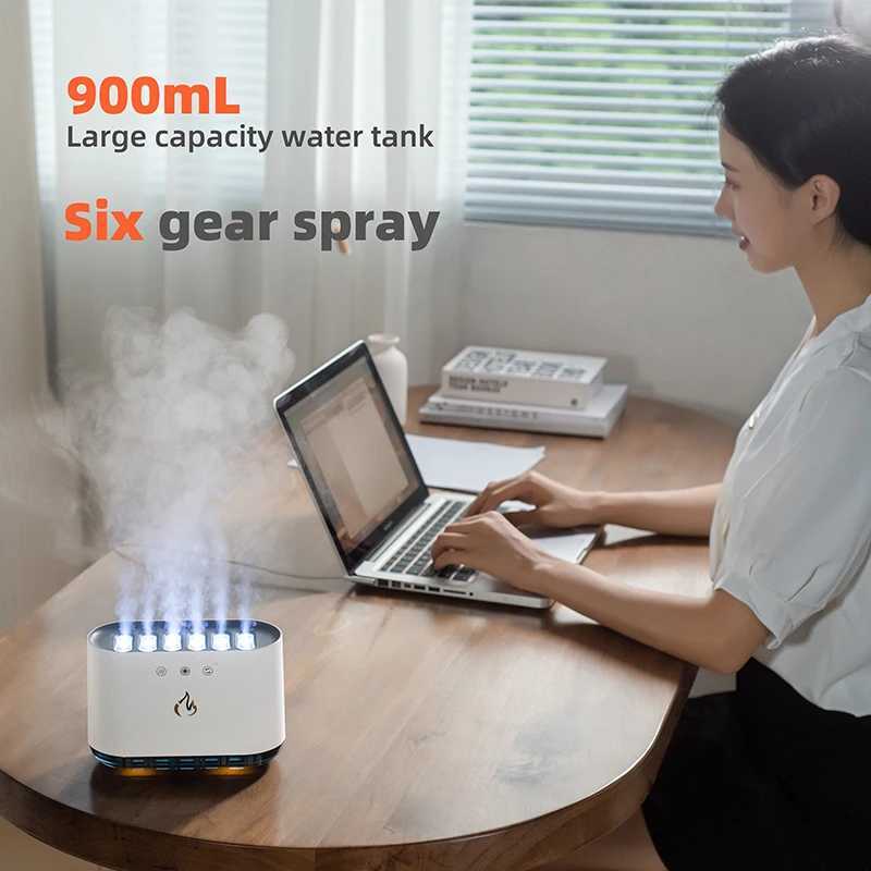 Luftfuktare heta försäljning 6 hål spray munstycken musikalisk rytm dans ljus dynamik 900 ml arom eterisk olja diffusor h2O USB luft luftfuktare yq240122