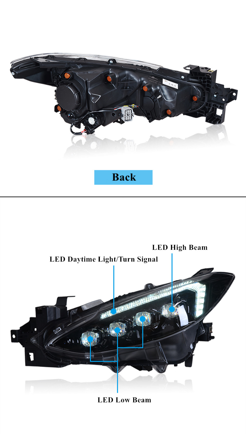 LEDデイタイムランニングターンシグナルヘッドライトマツダ3アクセラカーヘッドライト2014-2016ハイビームランプレンズ